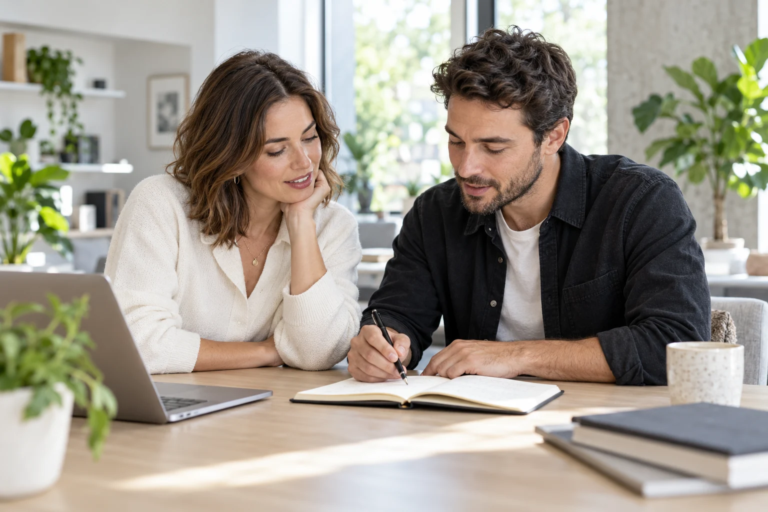 Two researchers working together in a bright studio